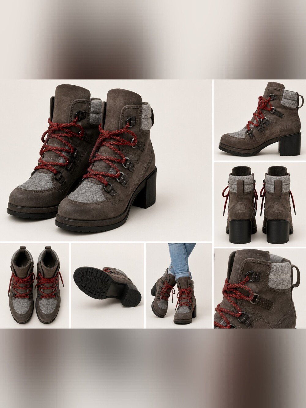 Sorel Gray Suede & Felt Lace-Up Heeled Hiking Boots with Red Laces